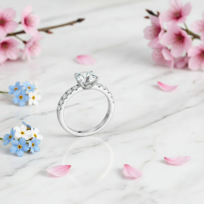 French Pavé Inlaid Sides Design Solitaire 0.8 Carat Moissanite Ring set in 18K White Gold 925 Silver (GRA) Capella Jewellery