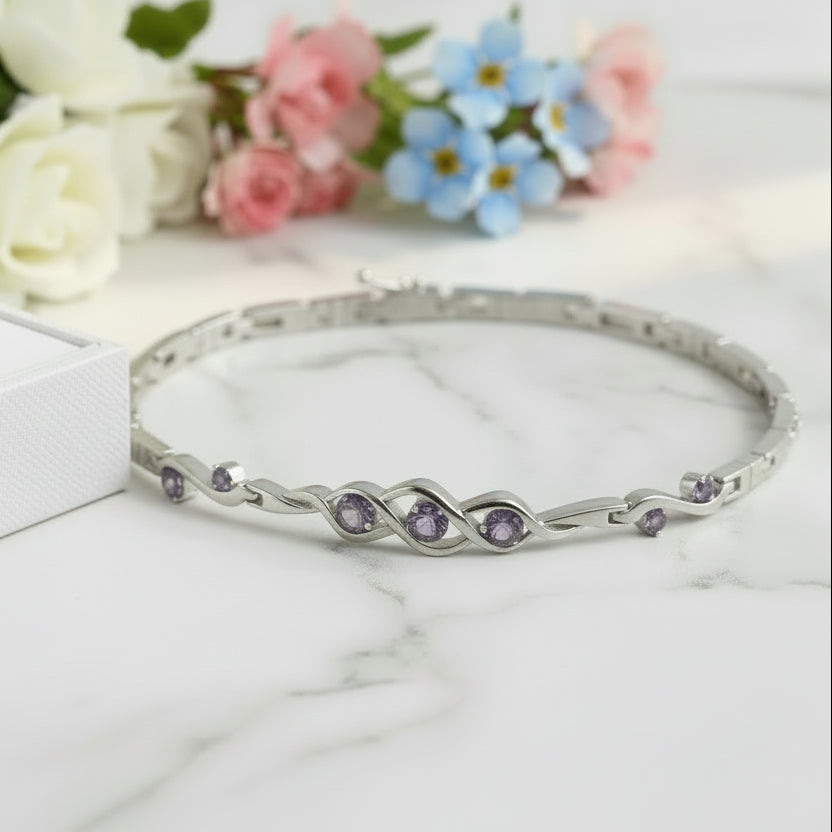 Purple Amethyst Three Life Stone Design Bracelet set in 925 Sterling Silver