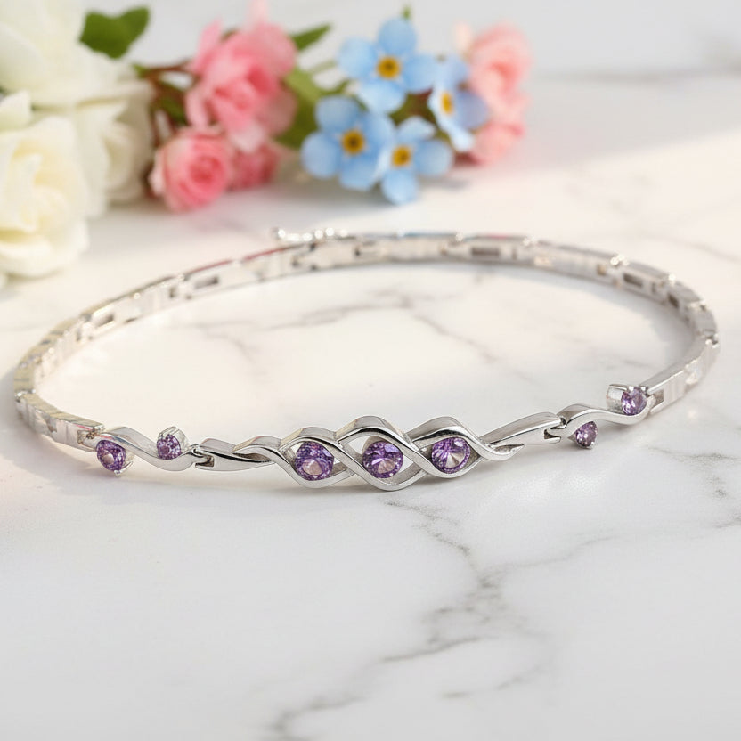 Purple Amethyst Three Life Stone Design Bracelet set in 925 Sterling Silver