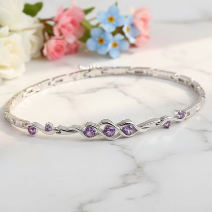 French Purple Amethyst Three Life Stone Bracelet set in 18K White Gold Plated 925 Silver Capella Jewellery