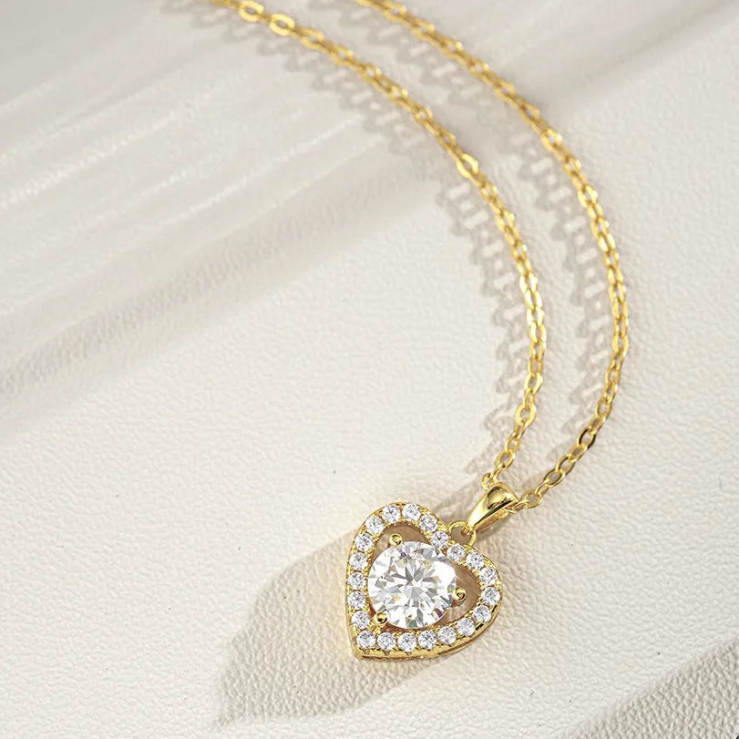 Italian Clavicle Heart 1 Carat Moissanite Pendant set in 18K Gold Plated 925 Sterling Silver (GRA) Capella Jewellery