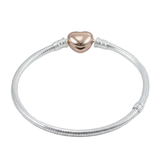 European Heart Buckle Snake Bone Bangle Bracelet set in 18K white Gold Plated 925 Sterling Silver