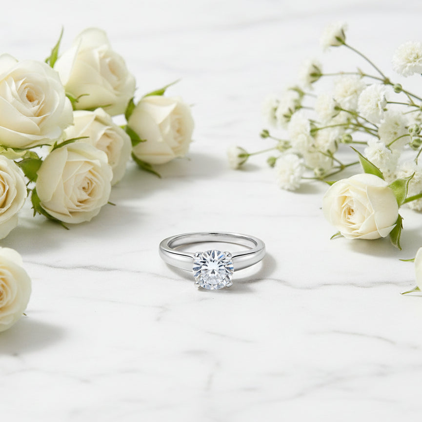 European Round Design 2 Carat Moissanite Diamond Ring set in 18K White Gold Plated 925 Silver (GRA)