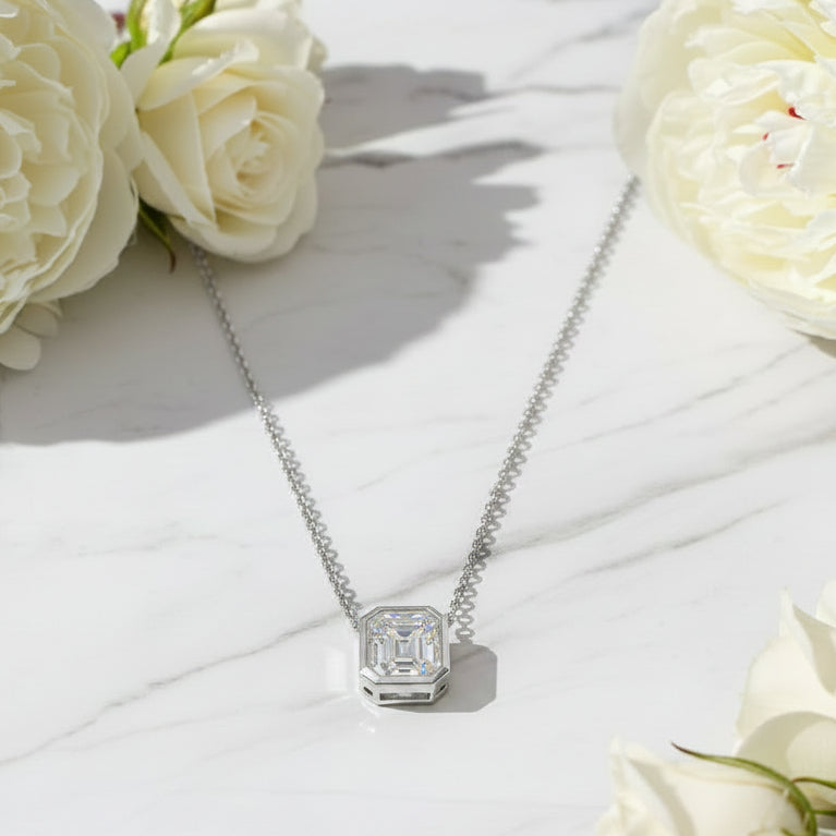 French Princess Cut Moissanite 1ct Necklace / 2ct Earrings in 18K White Gold plated 925 Silver (GRA) Capella Reya pic 6
