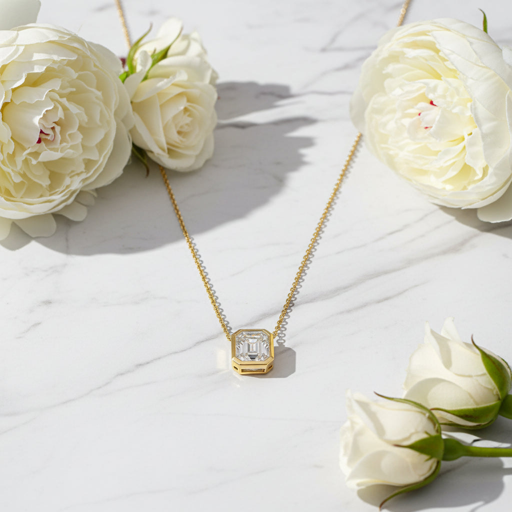 Princess Cut 1 Carat Moissanite Diamond Necklace & Earrings set in 18K White Gold 925 Silver