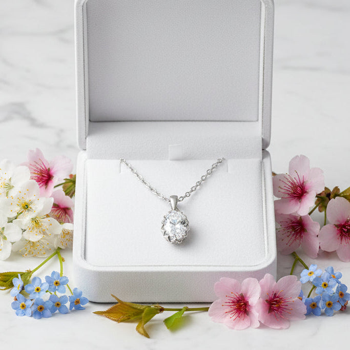 Oval Drop 1 Carat Moissanite Diamond Necklace Set in Platinum Plated 925 Silver (GRA)