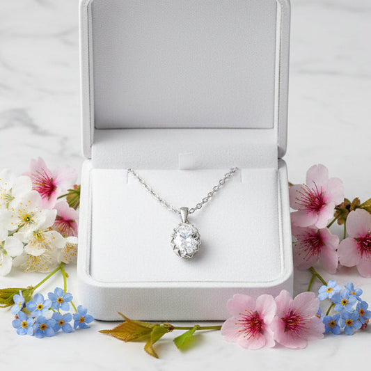 European Oval Drop Design 1 Carat Moissanite Diamond Necklace set in Platinum Plated 925 Silver (GRA)