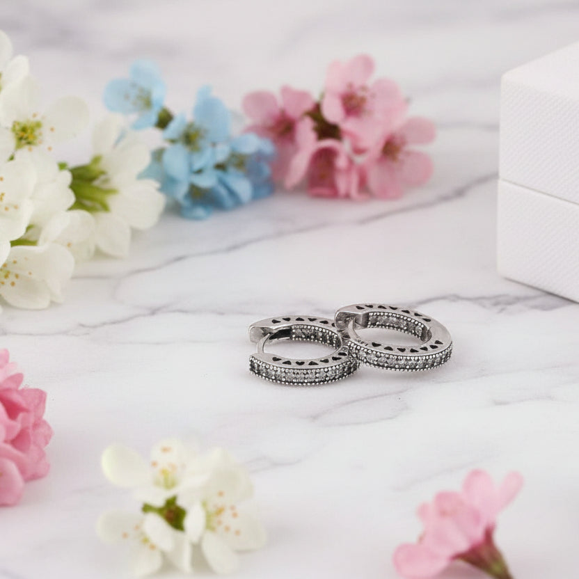 Heart Pave Micro Inlaid Natural Zircon Gemstones Hoop Earrings set in 925 Sterling Silver