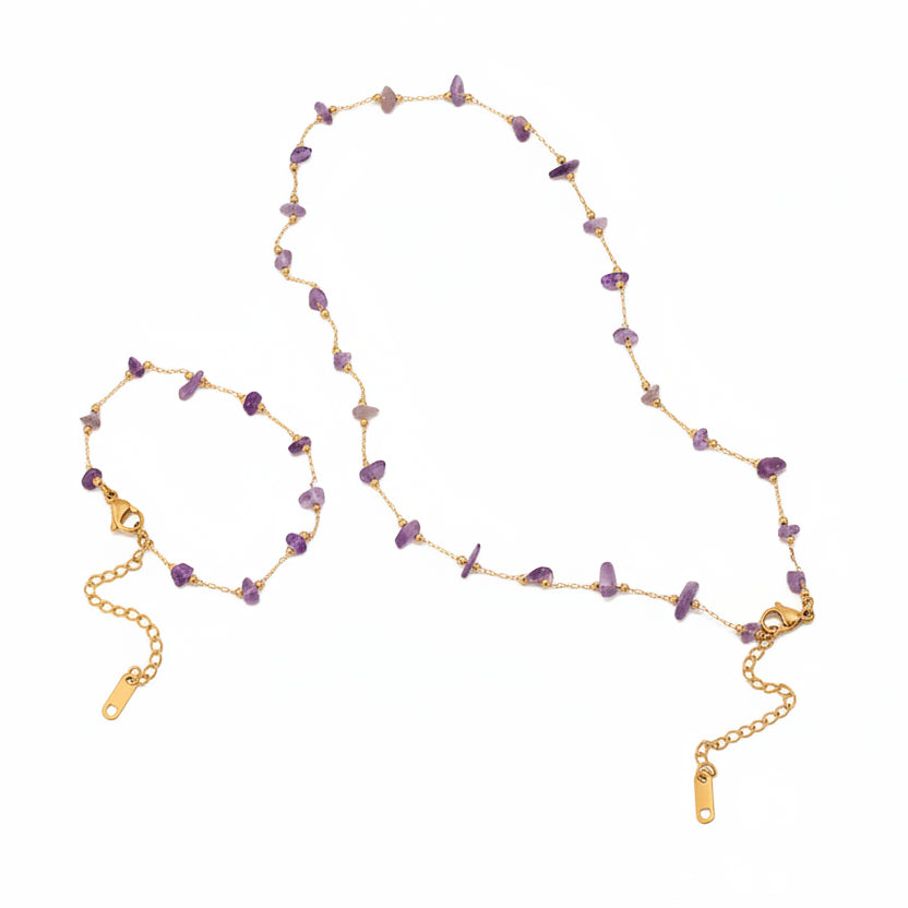 Amethyst Handmade Necklace and Bracelet set in 18K Gold Plating