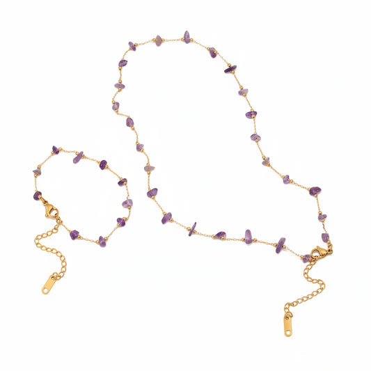 French Summer Purple Amethyst Handcrafted Necklace and Bracelet set in 18K Gold Plating