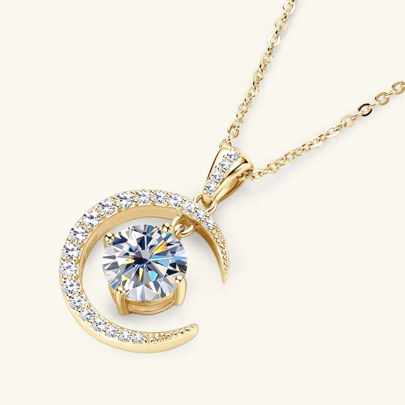 Crescent Moon & Star 2.3 Ct Moissanite Diamond Necklace set in 18K Gold Plated 925 Silver (GRA)