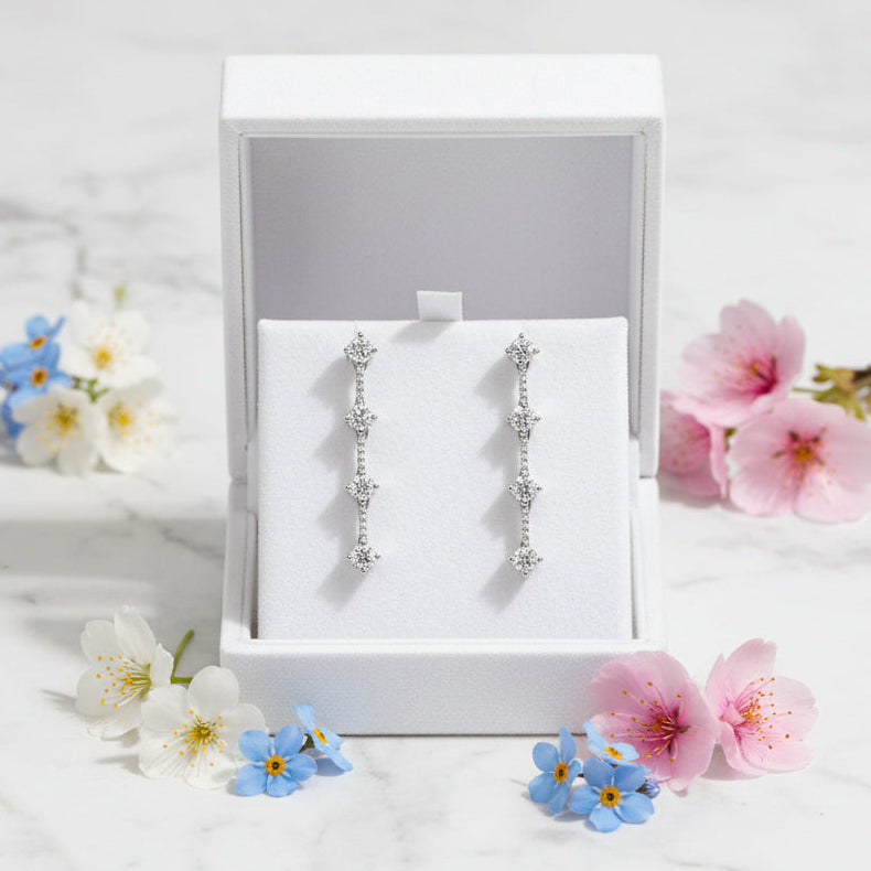 French Long Tassel Design 1 Carat Moissanite Earrings set in Platinum Plated 925 Silver Capella Reya in a box