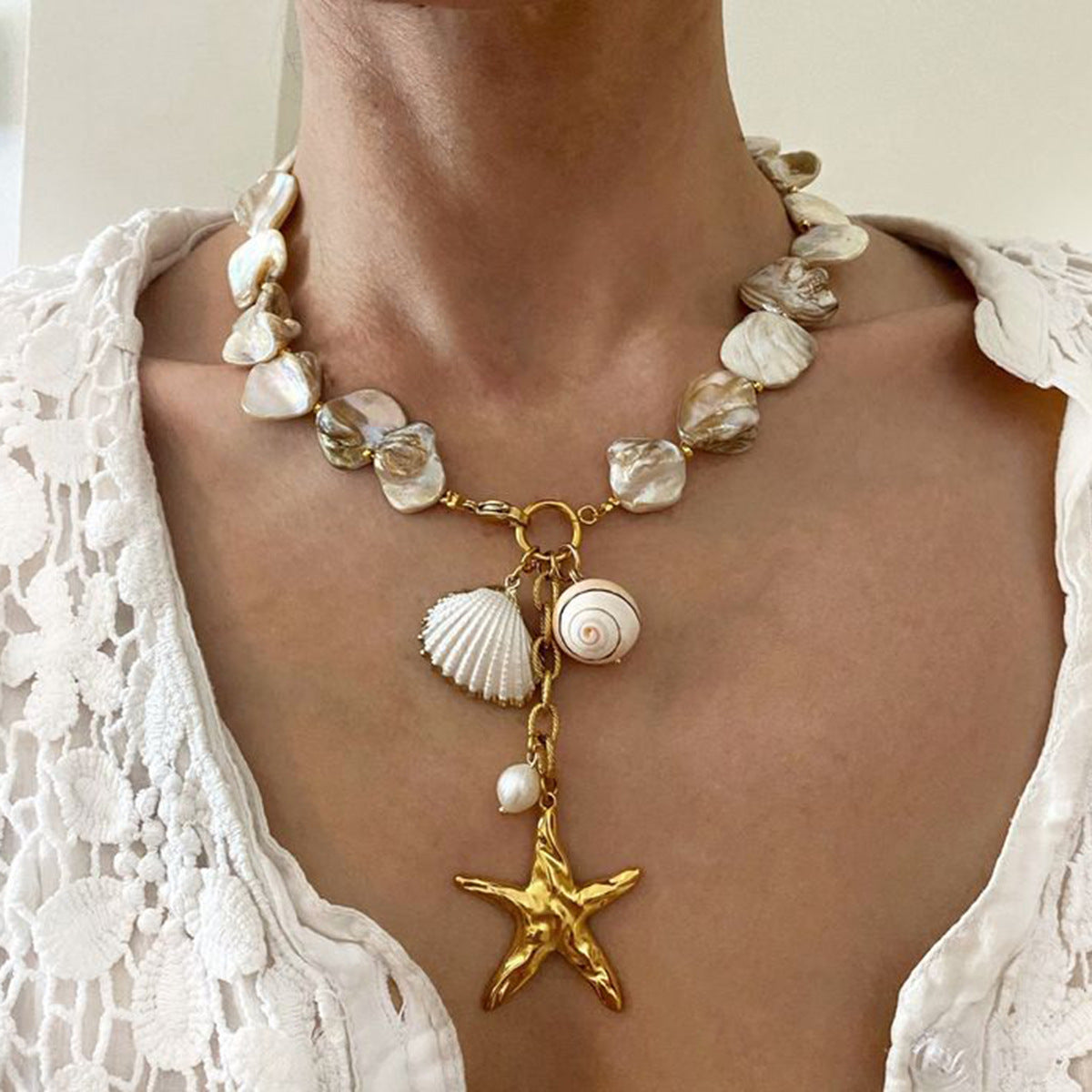 18K Gold Plated Beautiful Shell String Starfish Pearl Pendant Necklace