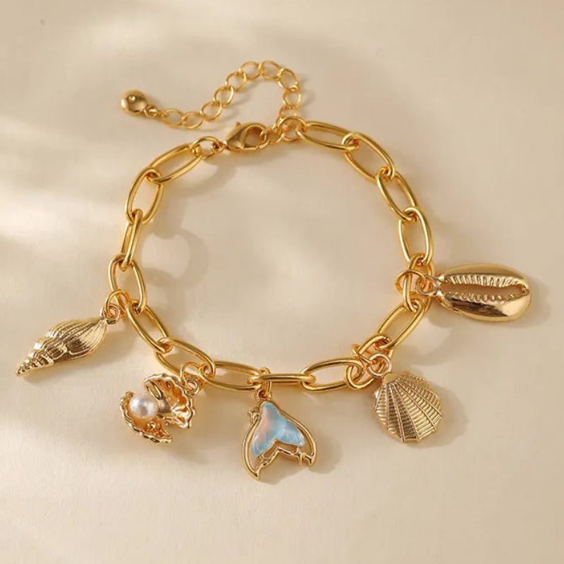 Ocean Inspired Handcrafted Five Pendant Charms Bracelet set in 18K Gold Plating Capella Jewellery