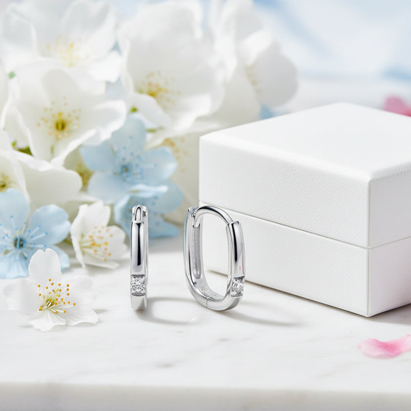 Modern Square Design Micro Moissanite Diamond Earrings set in 925 Sterling Silver (GRA)
