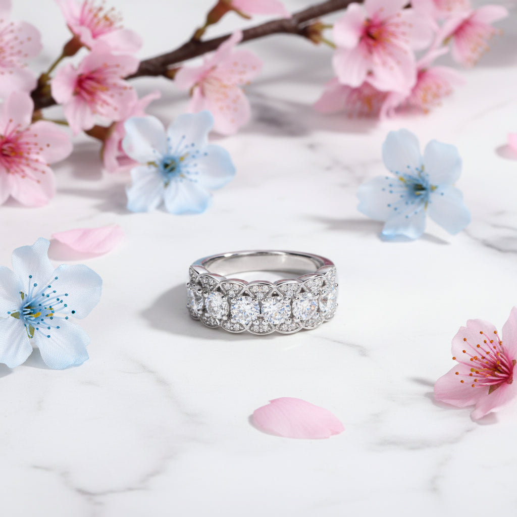 French Half Eternity Ring 2 Carat Moissanite Diamond set in 18K White Gold Plated 925 Silver (GRA)