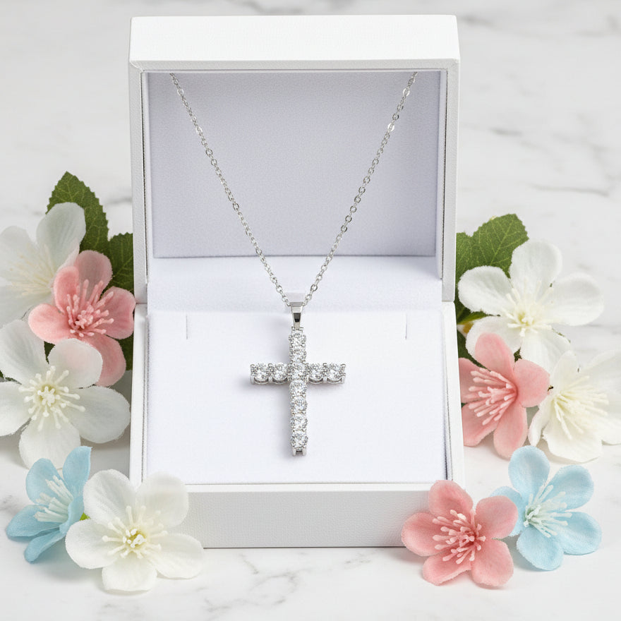 French Holy Cross Design 1 Carat Moissanite Diamond Pendent set in Platinum Plated 925 Silver