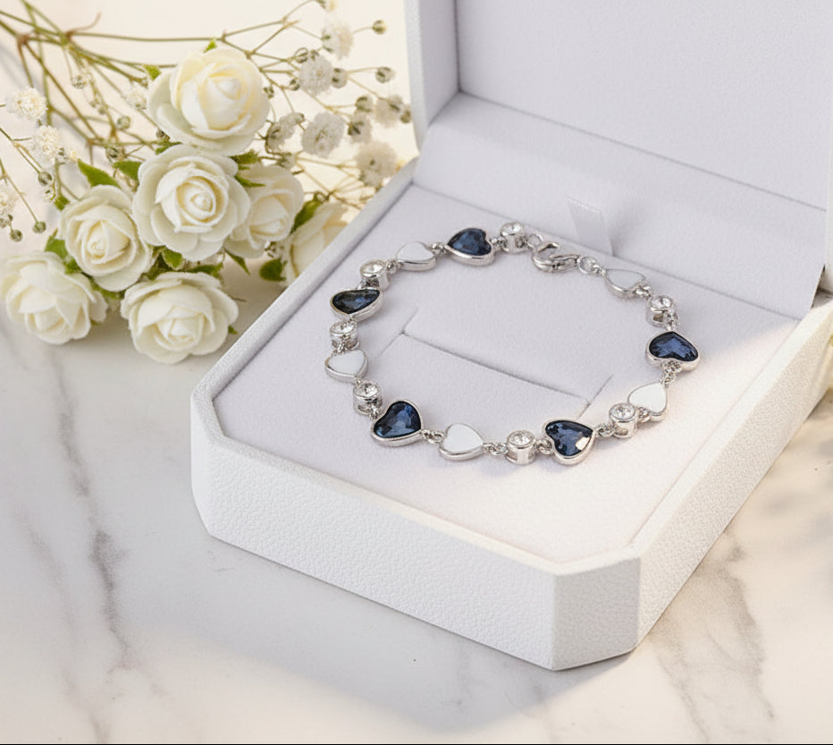 Dark Blue Heart Shaped Natural Zircon Crystal Necklace / Bracelet / Earrings set in 925 Silver
