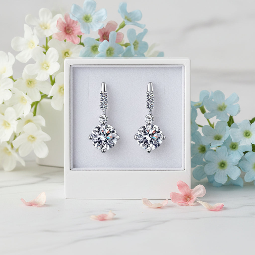 Korean Snowdrop 2 Carat Moissanite Diamond Earrings set in 18K White Gold 925 Silver (GRA)