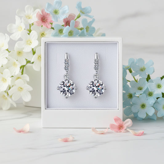 European Snowdrop Inspired 2 Carat Moissanite Earrings set in 18K White Gold 925 Silver (GRA) Capella Jewellery in box