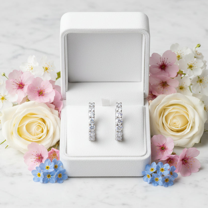 Pavé-Set Hoop 3 Carat High Carbon Diamond Earrings set in 18K White Gold Plated 925 Silver