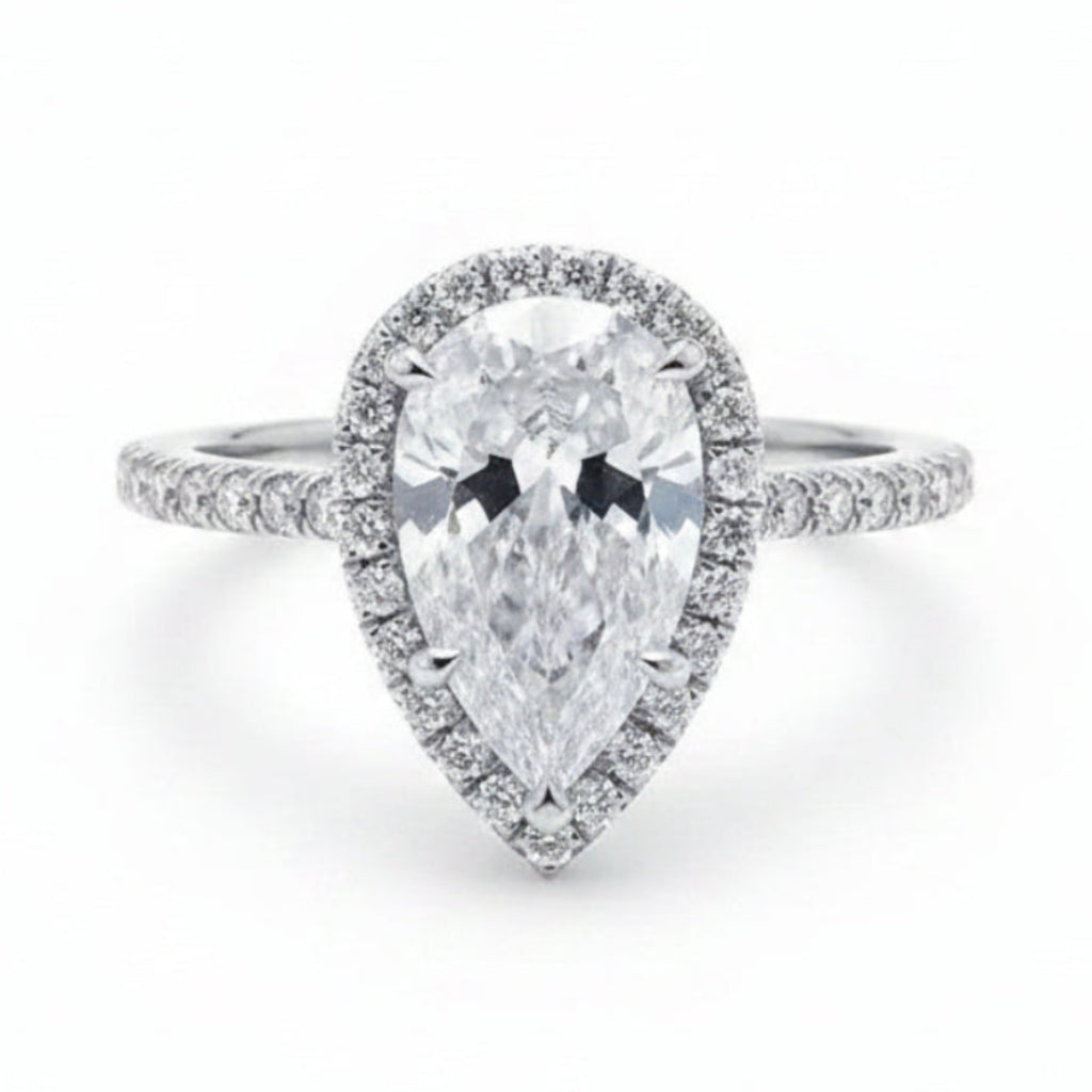 French Teardrop Pavé-set 2 Carat Moissanite Ring set in Platinum Plated 925 Silver (GRA) Capella Jewellery