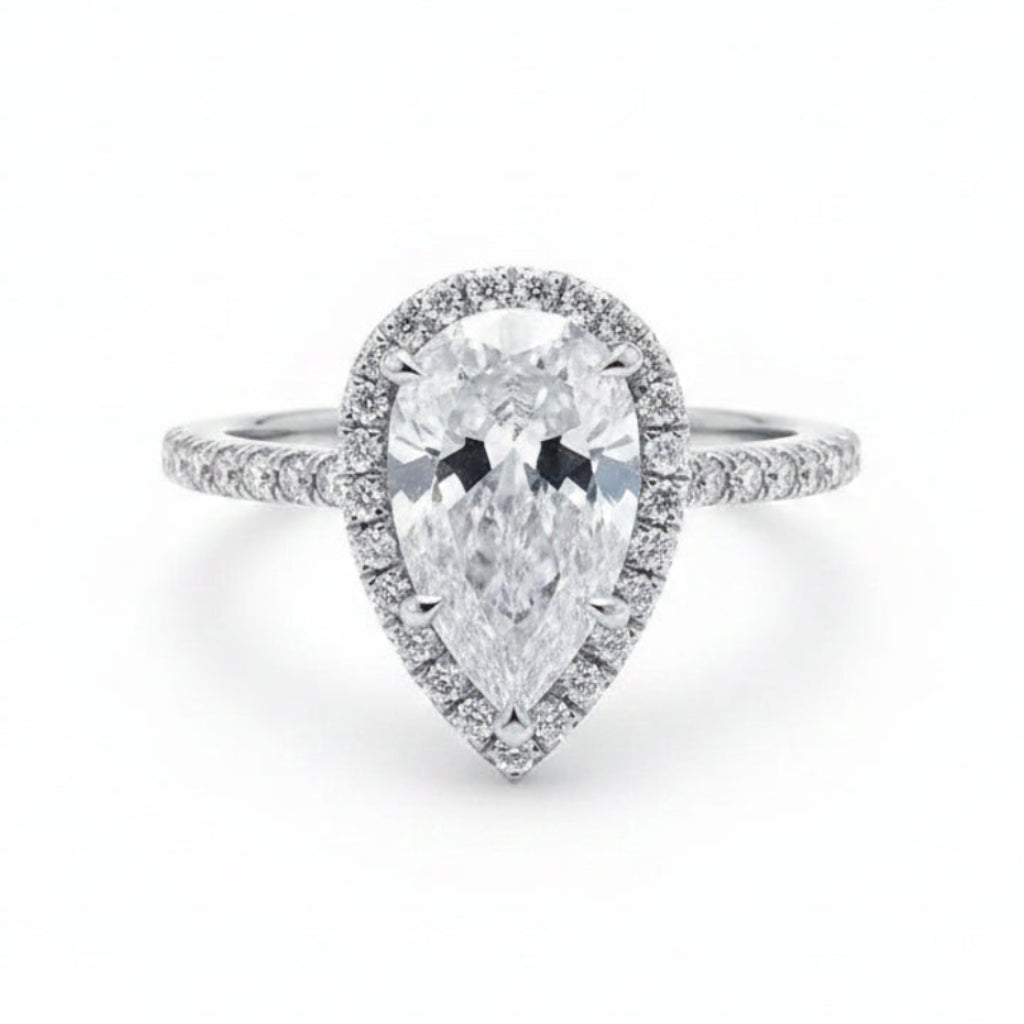 French Teardrop Pavé-set 2 Carat Moissanite Diamond Ring set in 18K White Gold Plated 925 Silver