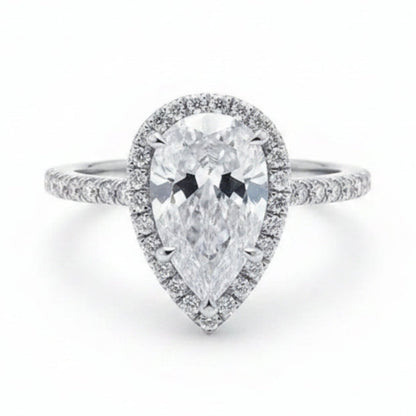 French Teardrop Pavé-set 2 Carat Moissanite Ring set in Platinum Plated 925 Silver (GRA) Capella Jewellery