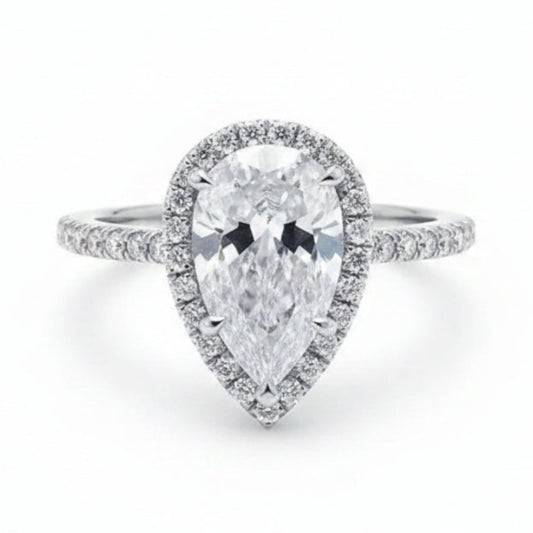 French Teardrop Pavé-set 2 Carat Moissanite Diamond Ring set in Platinum Plated 925 Silver (GRA)