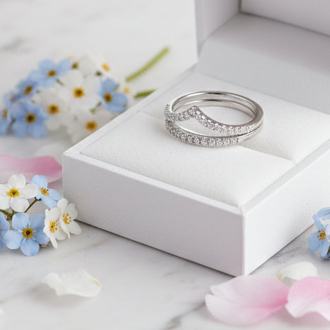 French V Row Design Micro Pavé Moissanite Diamond Ring set in 18K White Gold Plated 925 Silver
