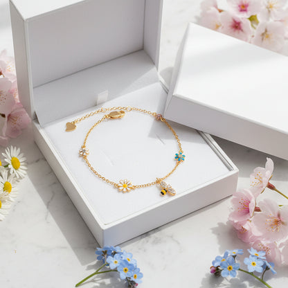 Beautiful French Sweet Summer Flowers & Bees Rhinestone Bracelet set in 18K Gold Plated 925 Silver Capella Jewellery