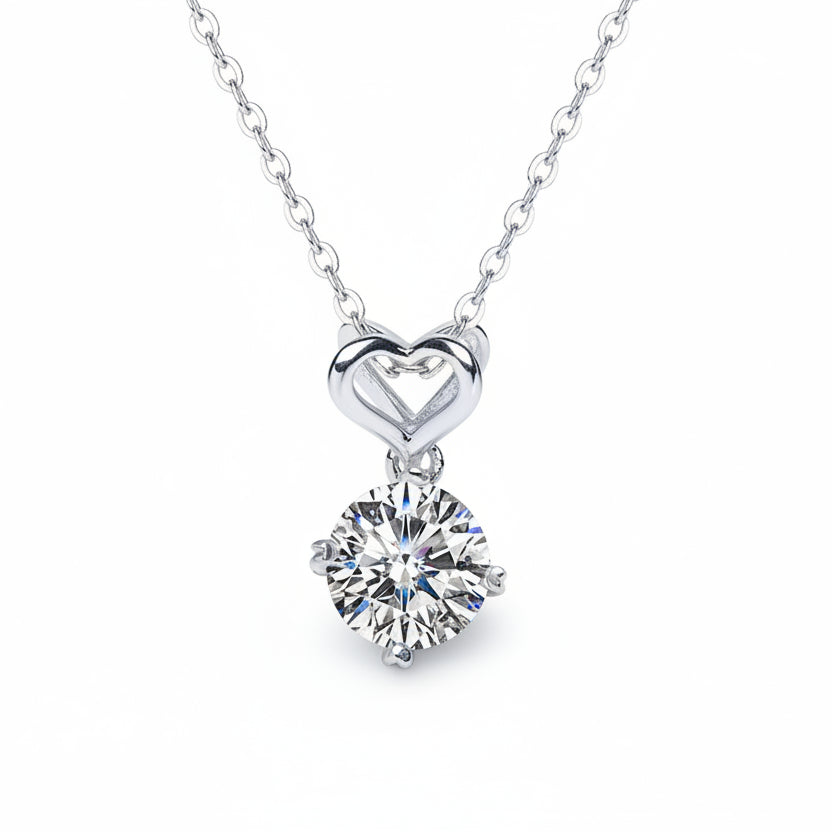 Heart Four Claw 1 Carat Moissanite Diamond Love Pendant set in 925 Silver Necklace (GRA)