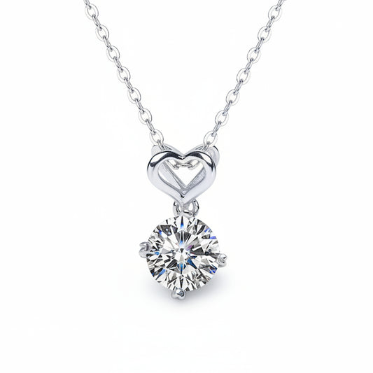 French Heart Four-Claw 1 Carat Moissanite Diamond Love Necklace set in Platinum Plated 925 Silver (GRA)