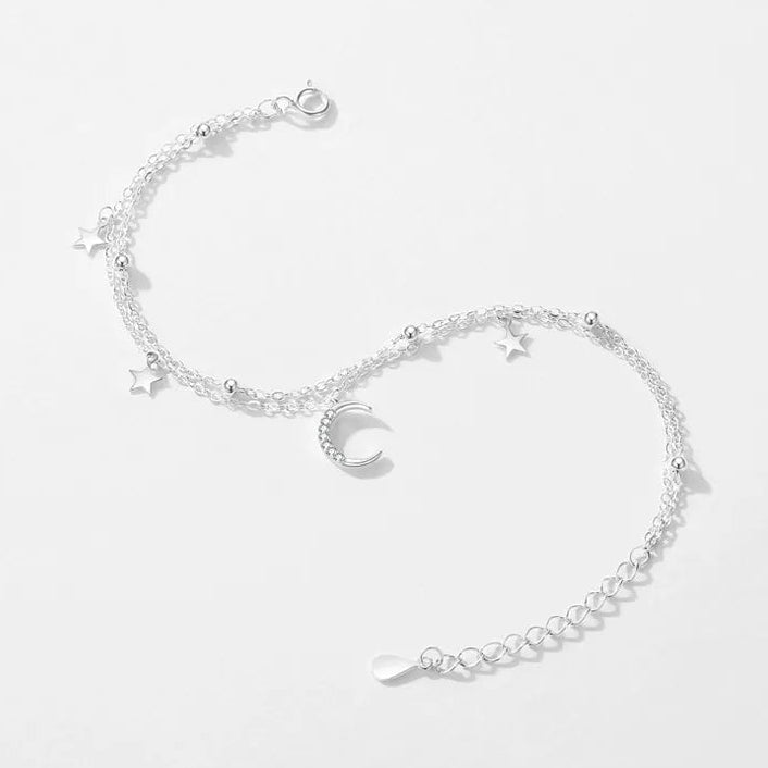Moon & Stars Micro Natural Zircon Gemstone Twin Layer Bracelet set in Platinum Plated 925 Sterling Silver Capella Jewellery