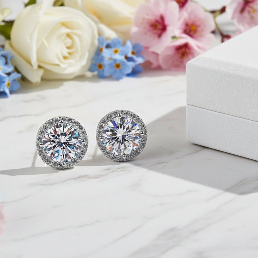 French Pink Halo Center Stones 2 Carat Moissanite Diamond Earrings set in 925 Silver (GRA)