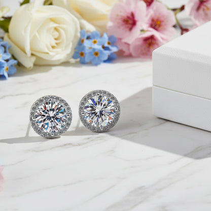 French Pink/White Halo Centre 2 Carat Moissanite Earrings set in Platinum Plated 925 Silver (GRA) Capella Reya front close white image