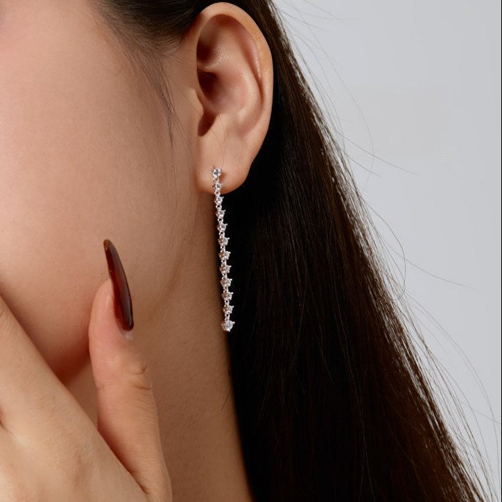 French Modern Tassel Design Natural Zircon Gemstone Earrings set in Platinum Plated 925 Silver