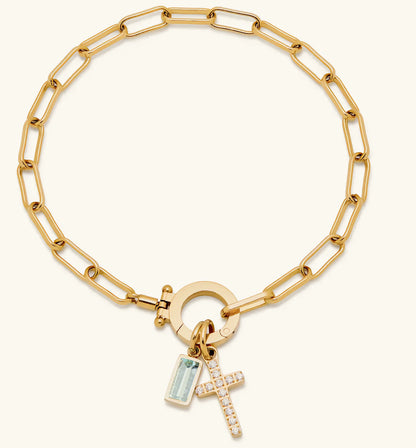 Holy Christian Cross Birth Stone Natural Zircon Gemstone Charm Bracelet set in 18K Gold Plating Capella Jewellery