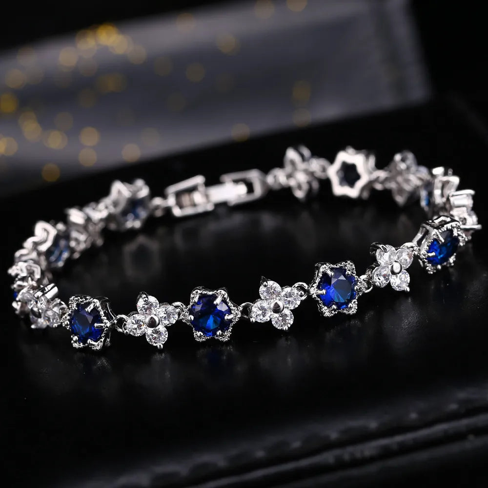 European Stars and Flowers Inlaid Natural Zircon Gemstone Bracelet set in Platinum Plating Capella Jewellery