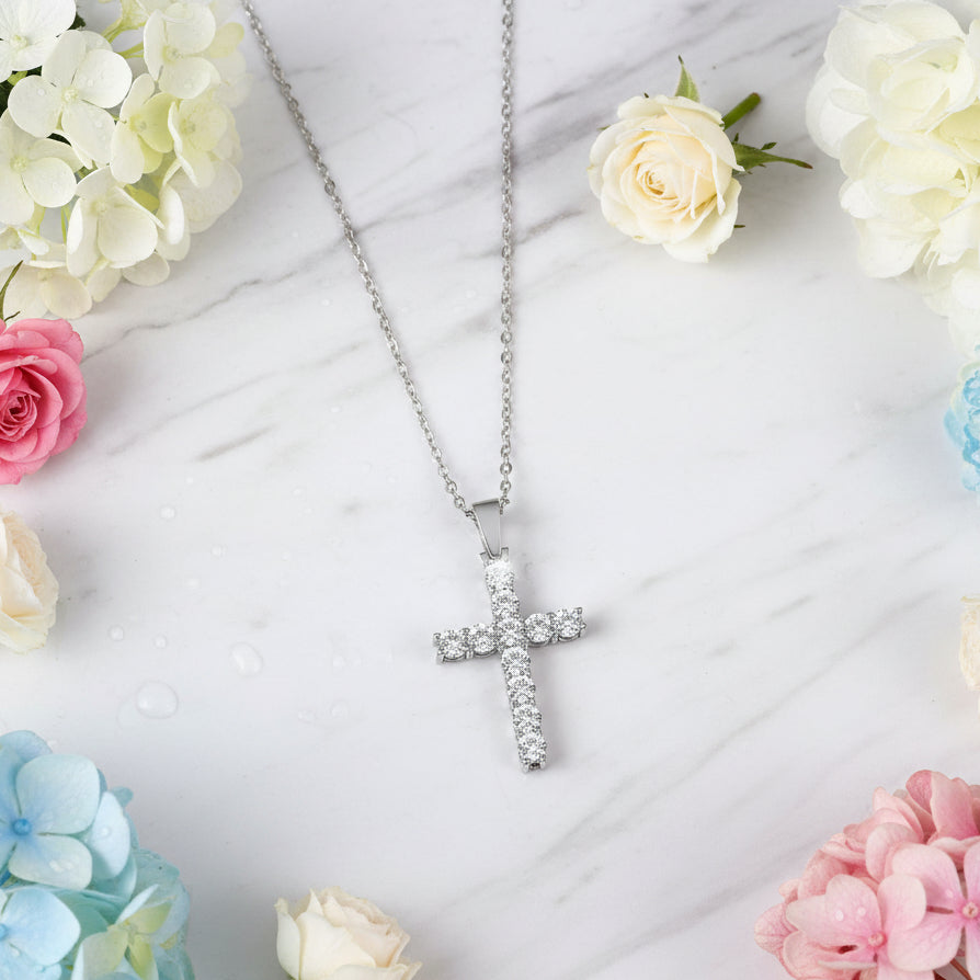 French Holy Cross Design 1 Carat Moissanite Diamond Pendent set in Platinum Plated 925 Silver