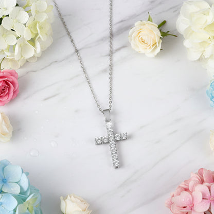 French Holy Cross 1 Carat Moissanite Pendent set in 18K White Gold Plated 925 Silver (GRA) Capella Jewellery