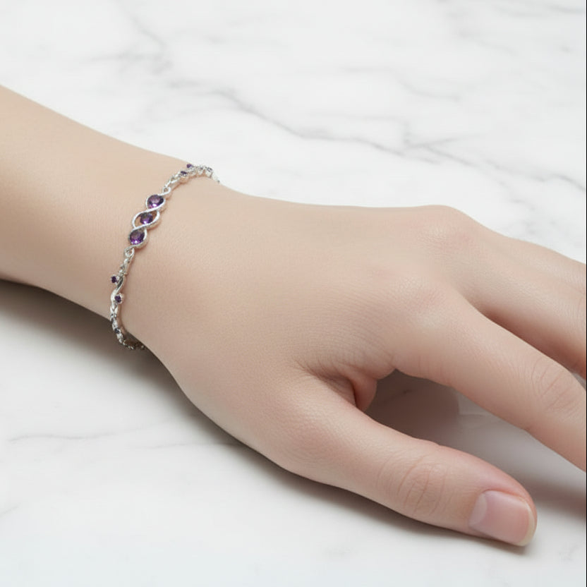 Purple Amethyst Three Life Stone Design Bracelet set in 925 Sterling Silver
