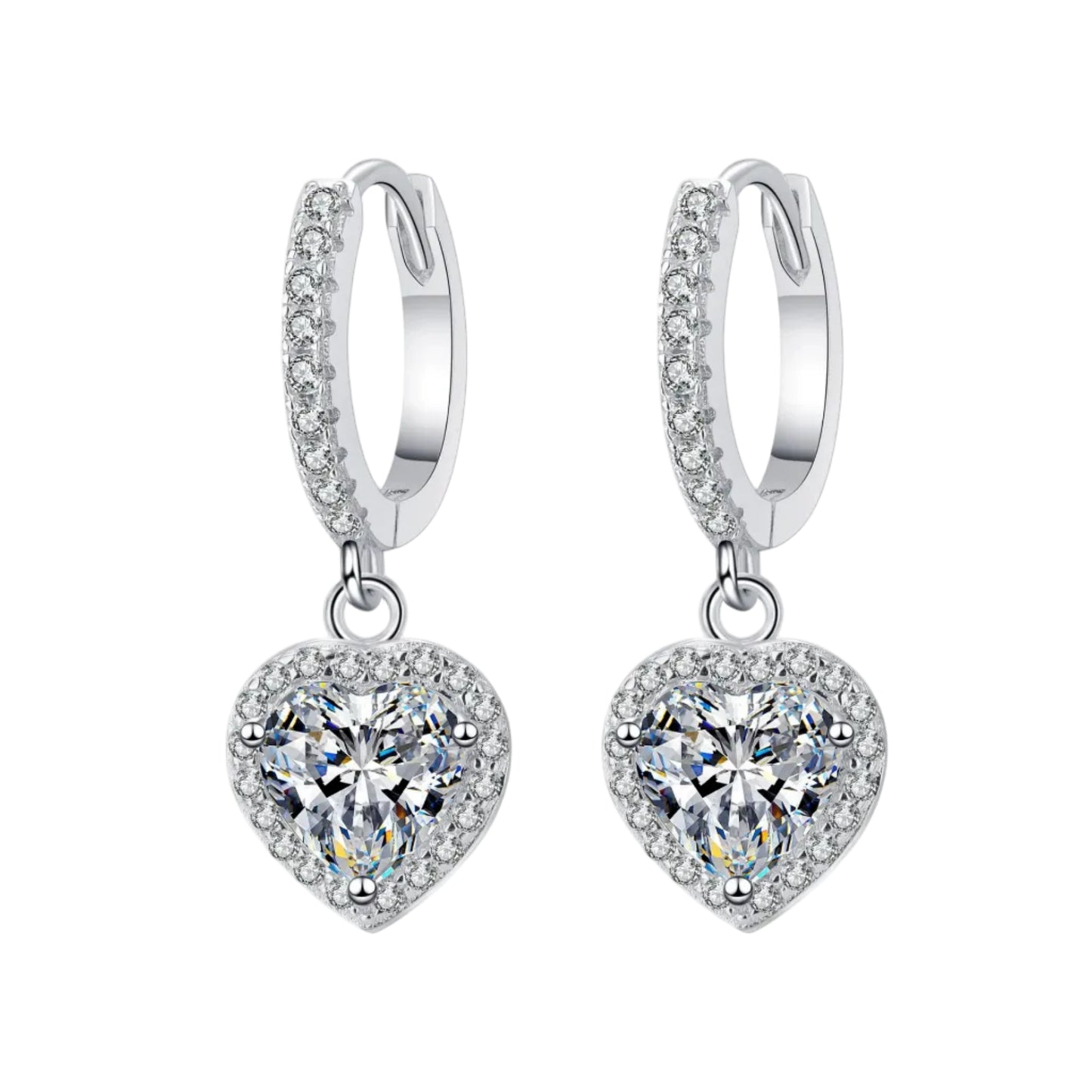French Hearts of Diamonds Pavé 2 Carat Moissanite Earrings in 18K White Gold Plated 925 Silver (GRA) Capella Jewellery
