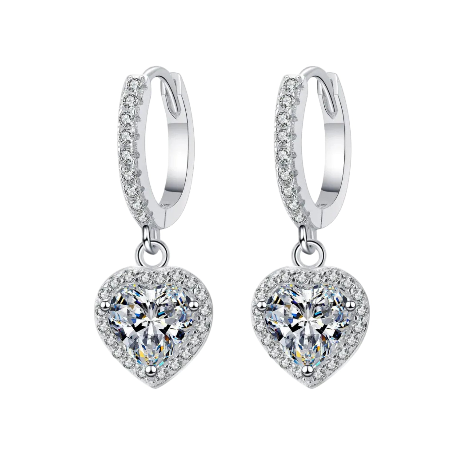 French Hearts of Diamonds Pavé 2 Carat Moissanite Earrings in 18K White Gold Plated 925 Silver (GRA) Capella Jewellery
