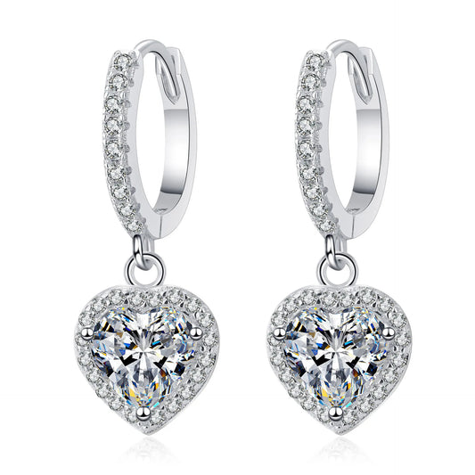 French Hearts of Diamonds Pavé 2 Carat Moissanite Diamond Earrings in 18K White Gold Plated 925 Silver (GRA)