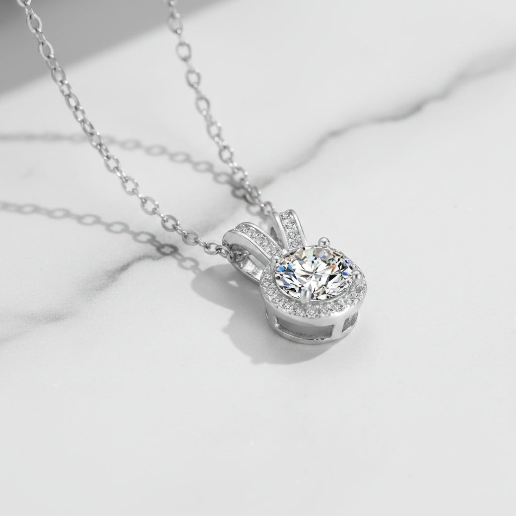 Pavé Halo 1 Carat Moissanite Diamond Necklace set in 18K White Gold 925 Silver (GRA)