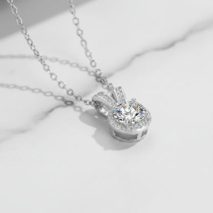 French Pavé Halo Solitaire 1 Carat Moissanite Necklace set in 18K White Gold 925 Silver (GRA) Capella Jewellery