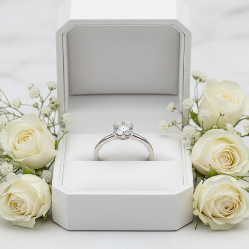 Six-Claw Engagement Ring 2 Carat Moissanite Diamond set in 18K White Gold Plated 925 Silver (GRA)