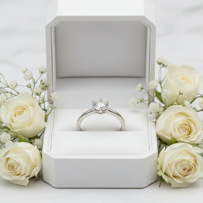French Inspired Six-Claw Solitaire Ring 2 Carat Moissanite set in 18K White Gold Plated 925 Silver (GRA) Capella Jewellery