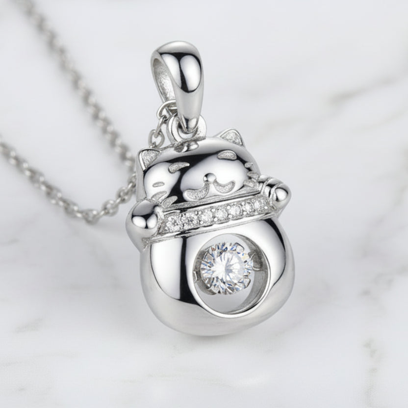 Lucky Cat 0.3 Carat Moissanite Diamond Pendant set in 925 Sterling Silver Necklace
